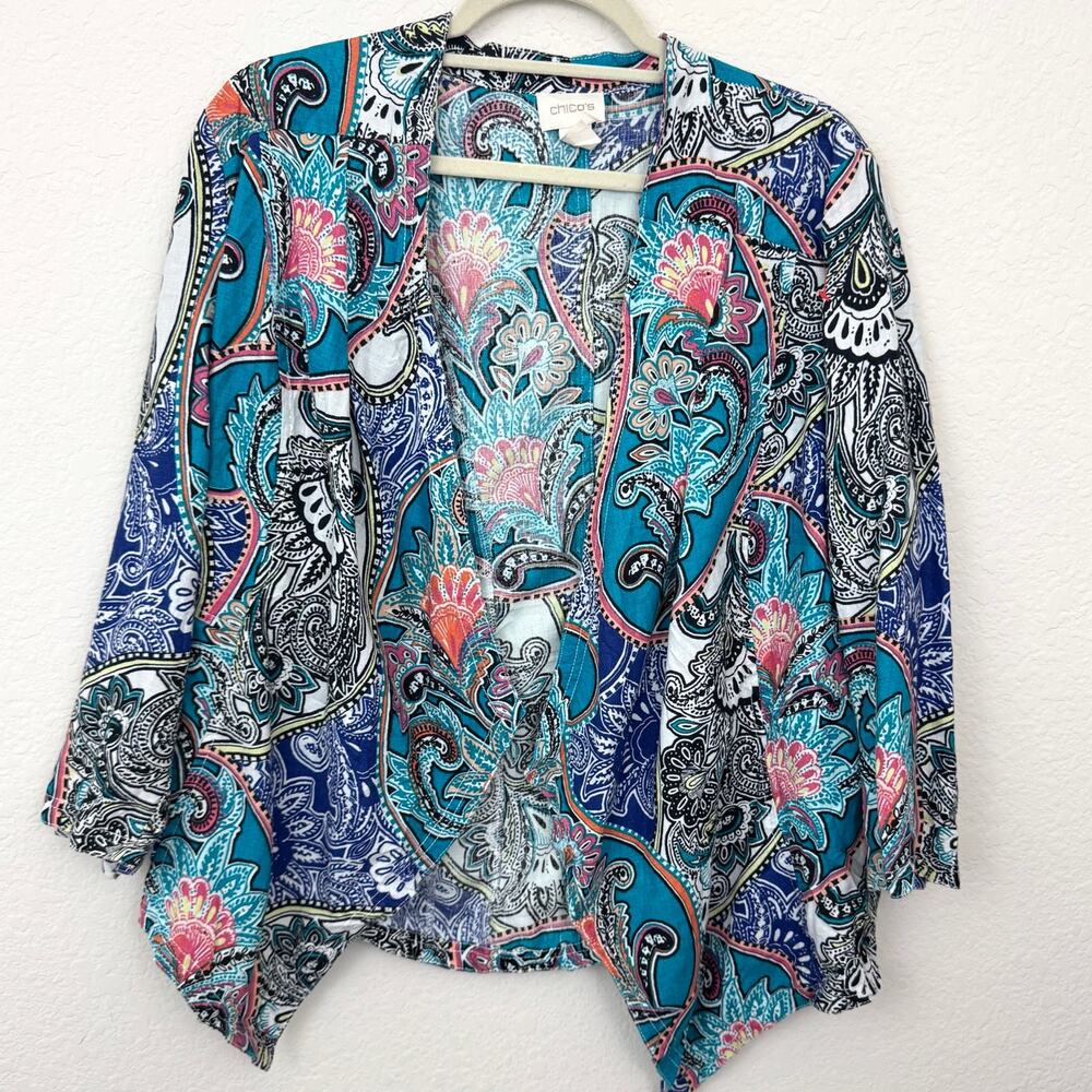 Chico's Womens Open Front Blouse Top Size L 100% Linen Paisley Summer Resort